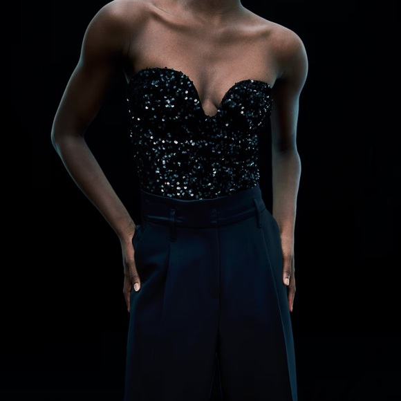 NWT H&M Black Sequin Sweetheart Neckline Strapless Bodysuit - Picture 5 of 6